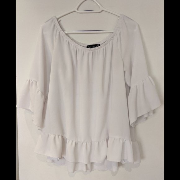 Ruffle Blouse Tops - 11. Artizan by Robin Barré White Peplum Ruffle Hem Long Sleeve Blouse Large